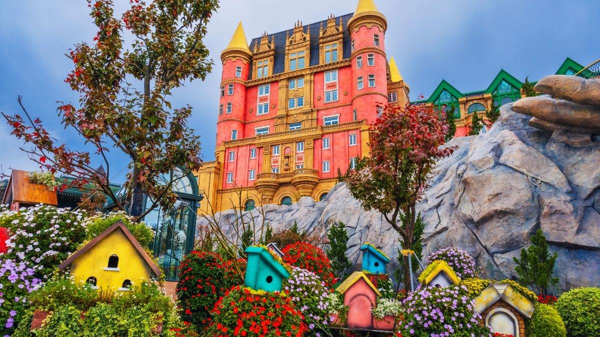 modern red beautiful castle at sunset in ba na hills park in da nang